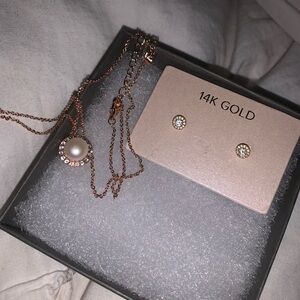 pearl necklace and 14k gold earrings